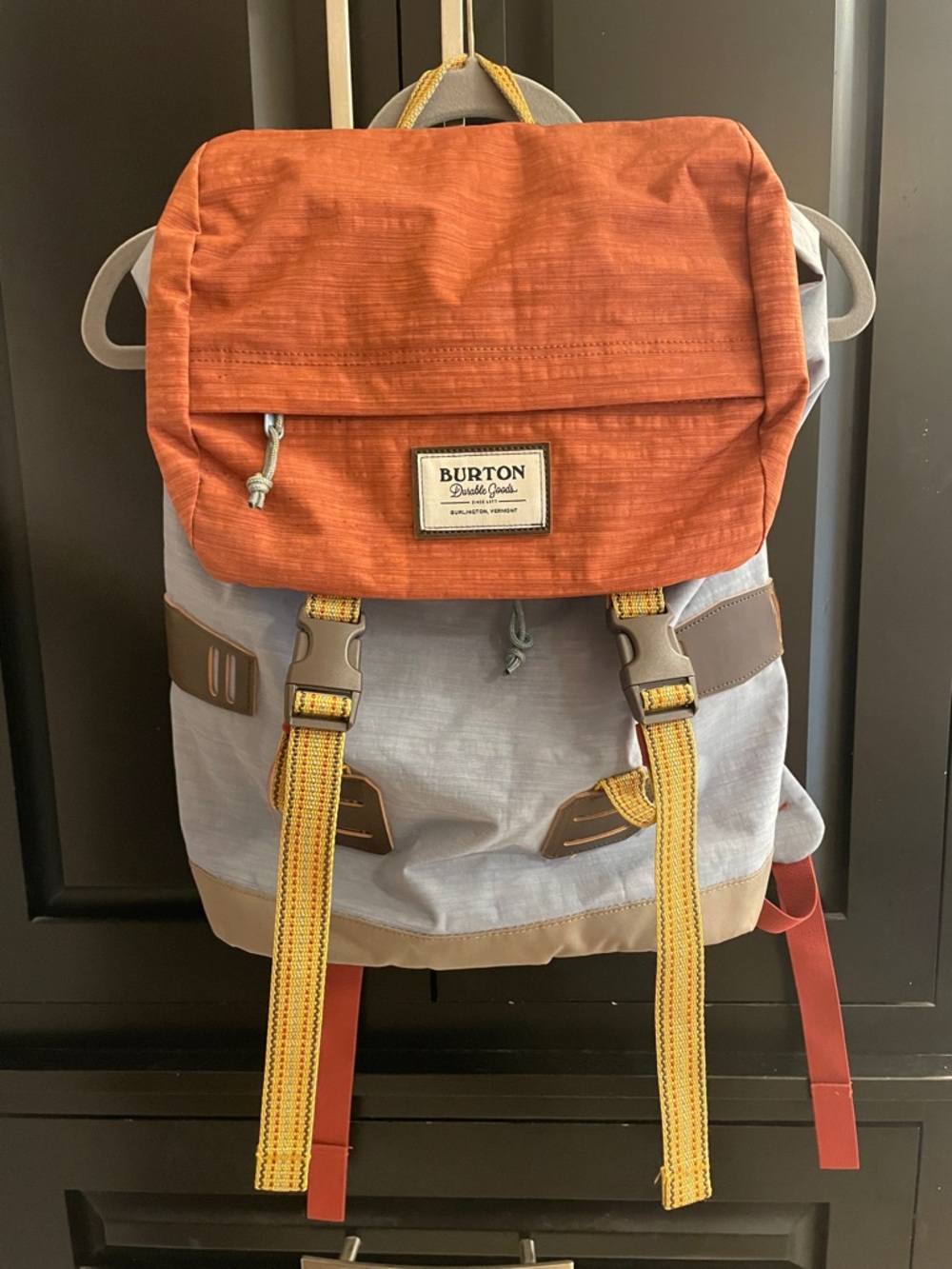 Burton Two-Tone Orange and Light Blue Canvas Backpack with Yellow Straps